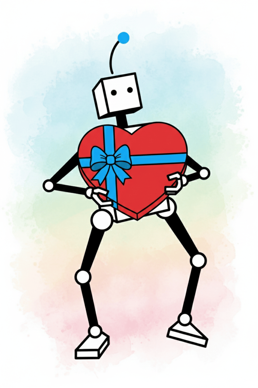A graphic image of the town mascot, robot, Alphie holding a large red heart-shaped box with a blue ribbon bow tied around it. watercolor background