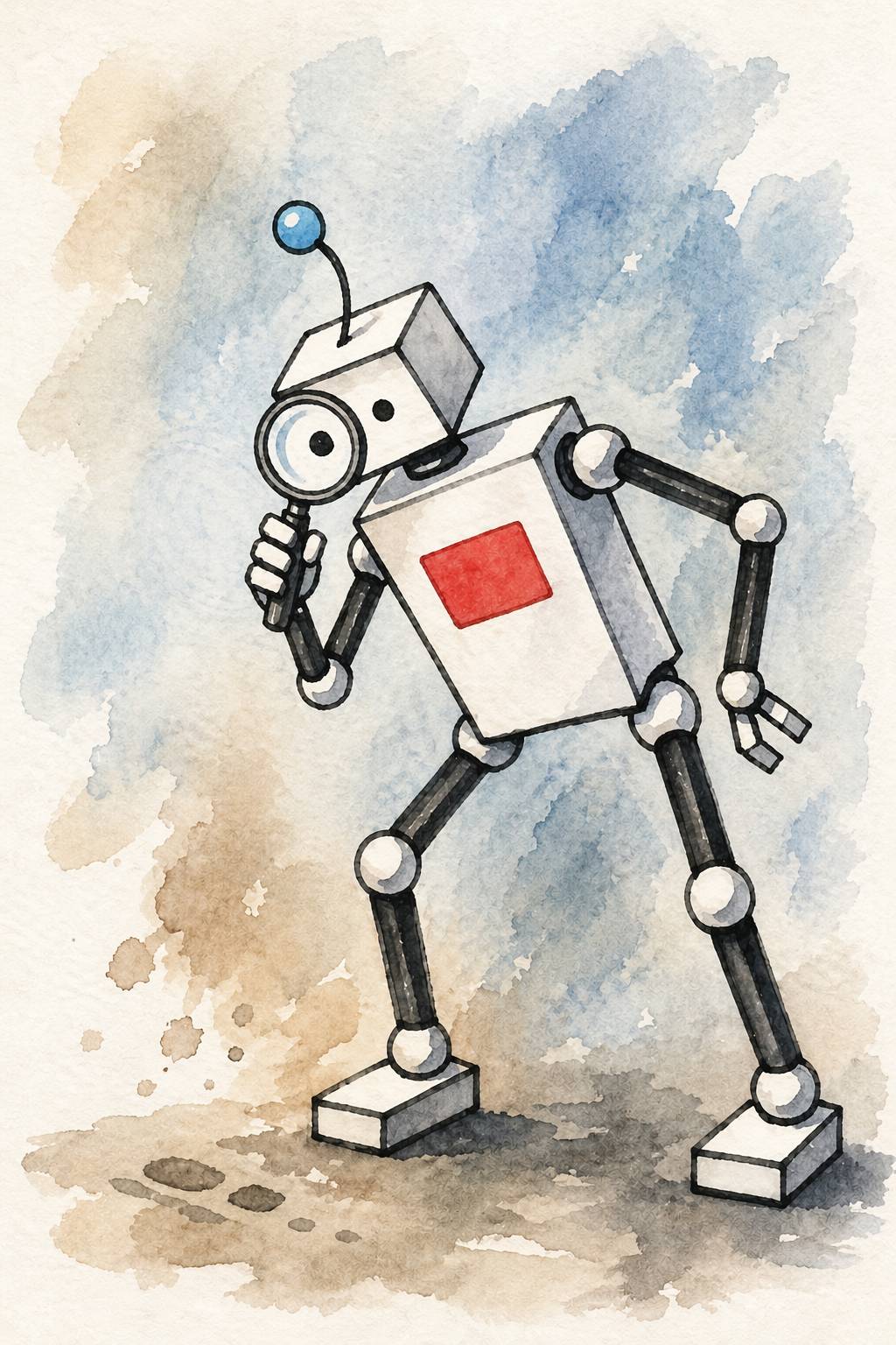 watercolor graphic of a robot holding a magnifying glass