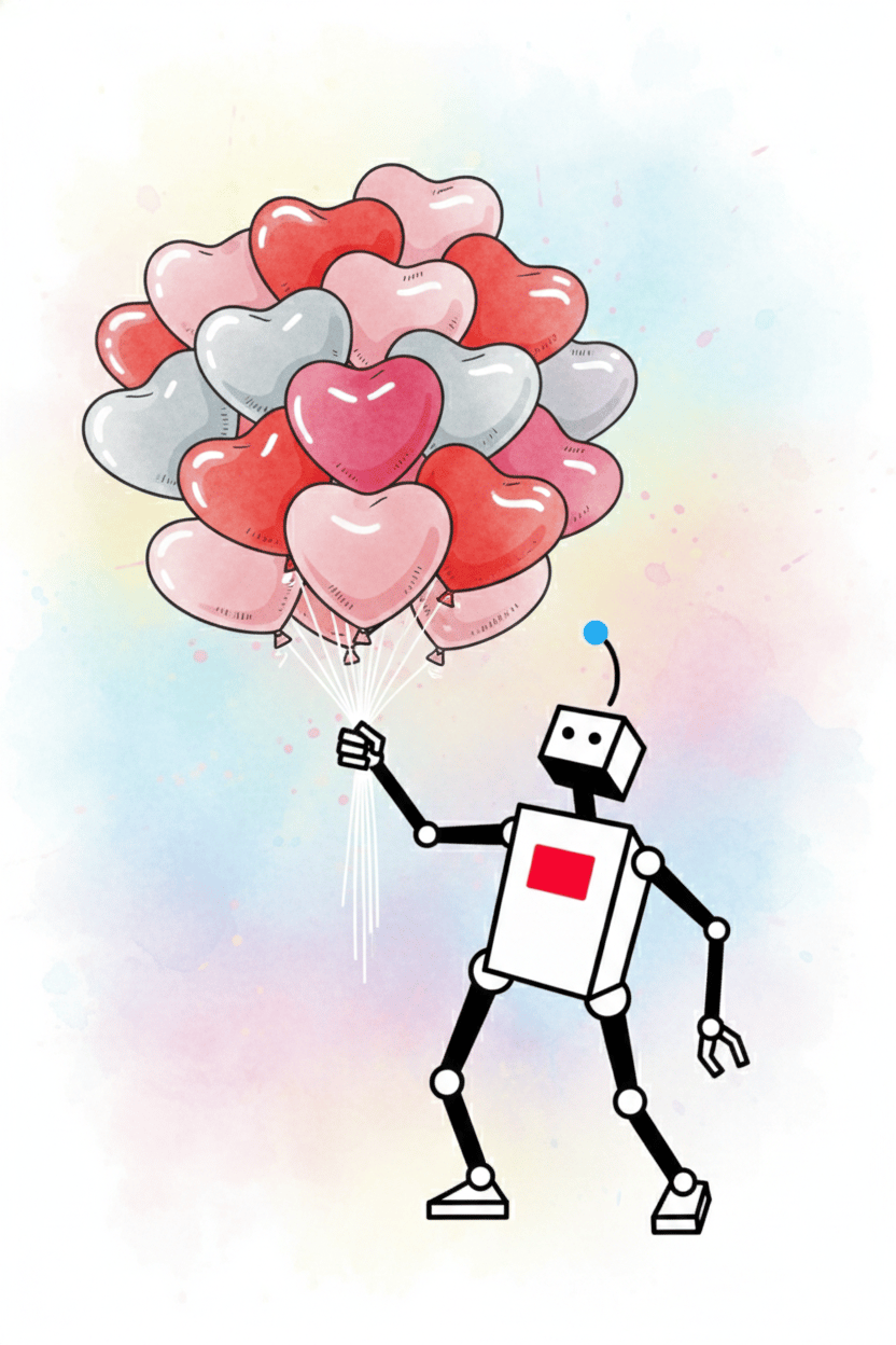 watercolor graphic of Alphie, the robot holding a heart balloon bouquet.