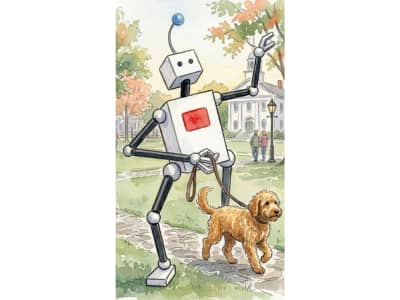 water color graphic of Alphie the town mascot walking a dog on the town green
