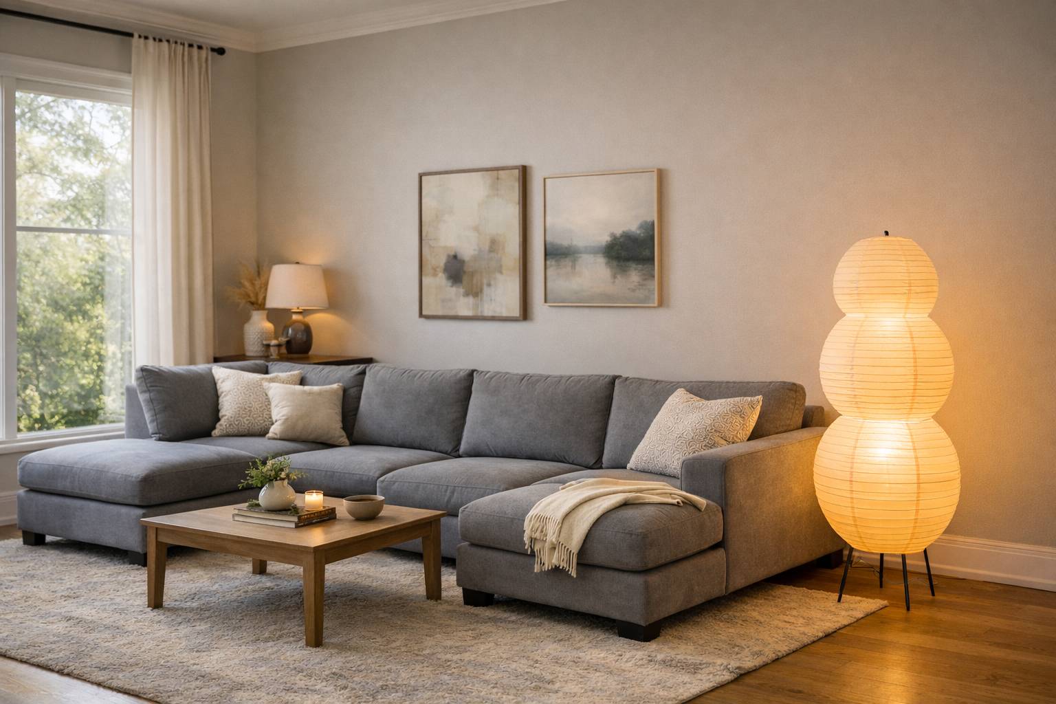 Transitional living room with gray sectional and lantern floor lamp
