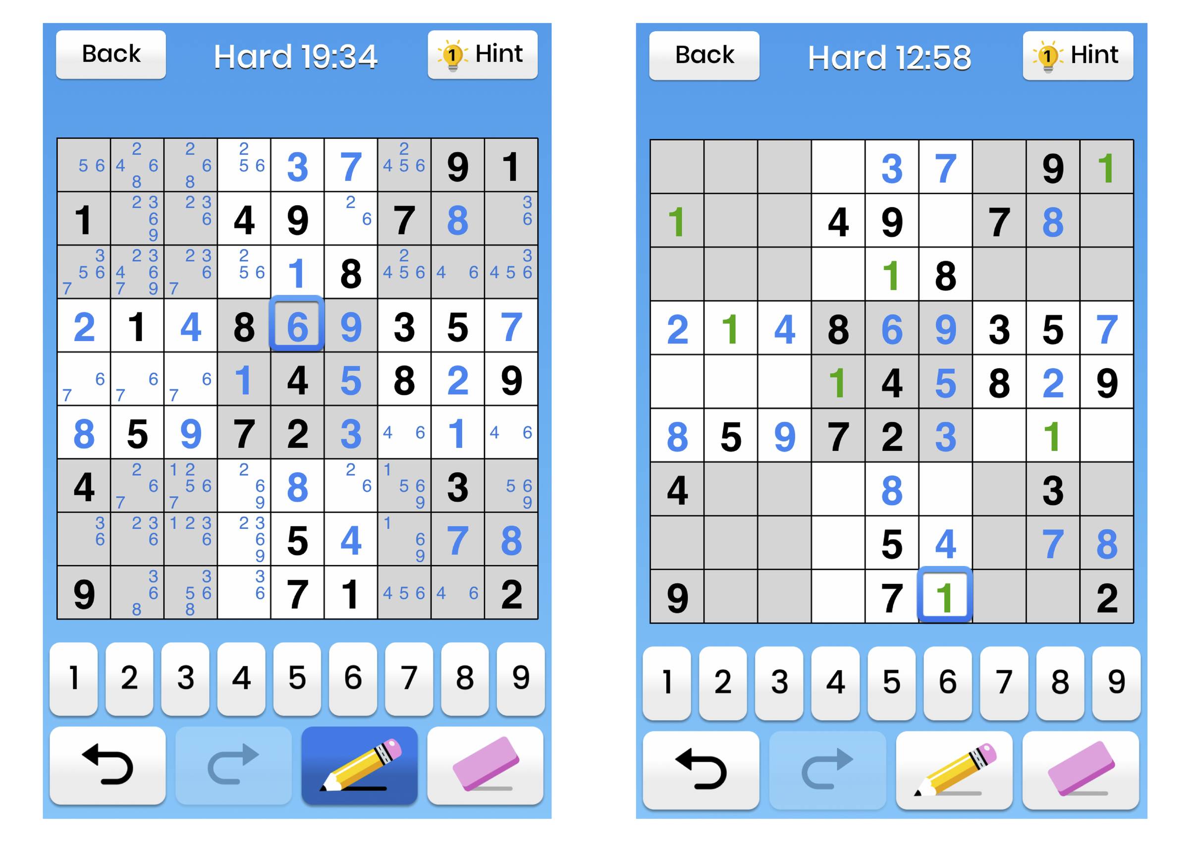Side-by-side comparison of two Sudoku states on the same Hard puzzle. Left: the methodical approach at 19:34 on the clock, most cells still full of small pencil-mark candidate numbers, only a handful of cells solved. Right: the quick-wins approach at 12:5