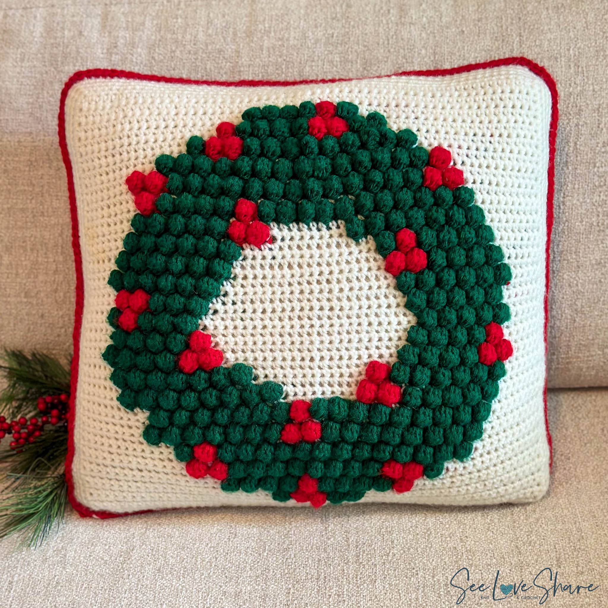 Christmas wreath bobble pillow