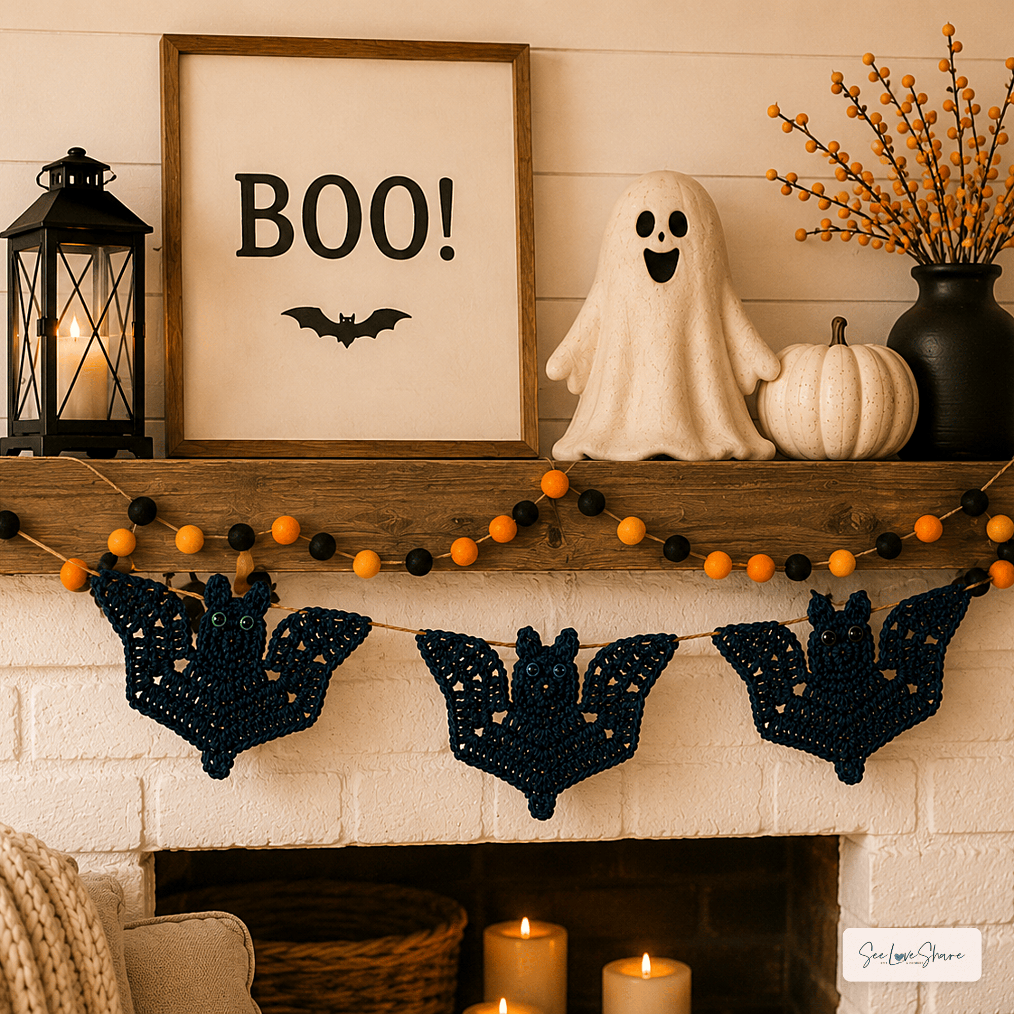 Crochet bat bunting styled on a mantel