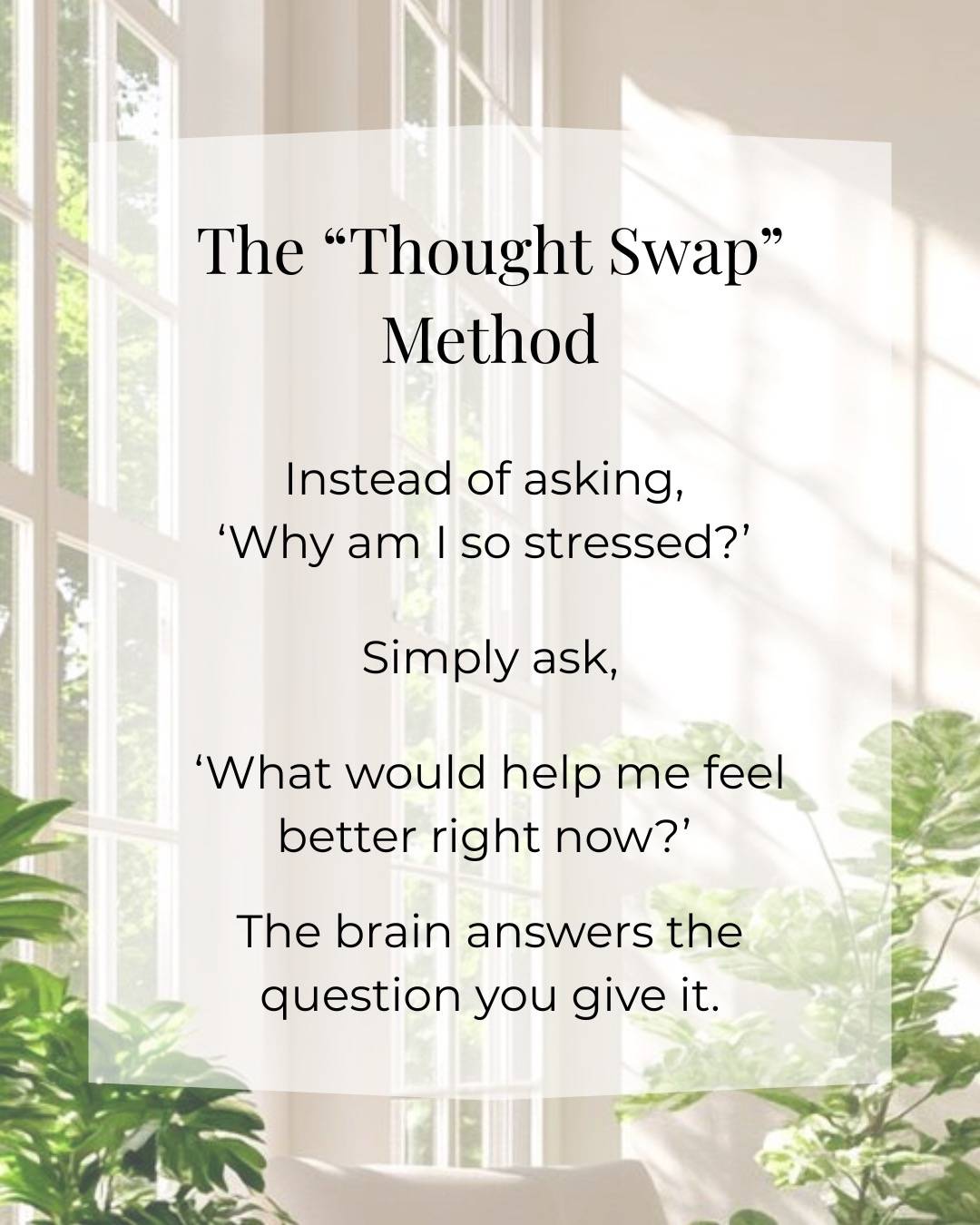 The questions you ask yourself form the answers you get a bit like typing something into a search bar.

If you ask, “Why am I so stressed?” your mind will look for proof.

But if you ask, “What would help me feel better right now?” it will start looking for ways to give you relief.

Small change. Different outcome.

If stress or overwhelm has been taking over lately, comment ‘stress’ or send me a direct message. 

I’ll share my simple blueprint to help you guide your thoughts in a calmer direction.

#mindsetcoach #hypnotherapy #positivethinking #mindbodysoul #stressrelieftips #selfhypnosis #mentalwellbeing #lifecoaching #thoughtmanagement #spiritualcoach #stress #overwhelm