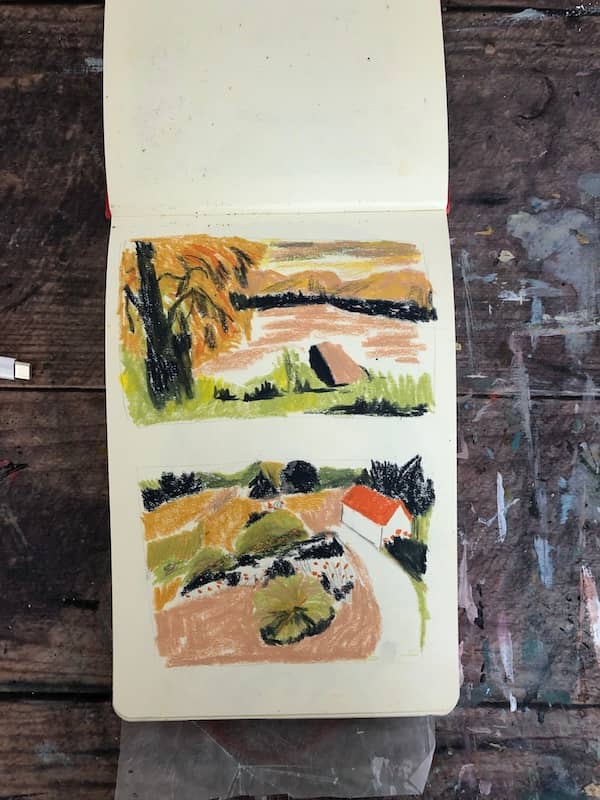 Sketchbook with landscapes in wax pastels
