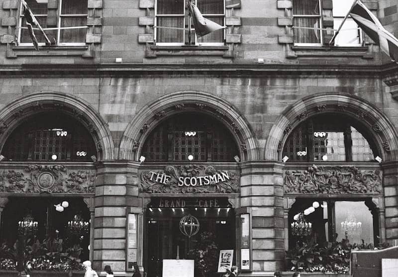 The scotsman building with ornate arches and windows