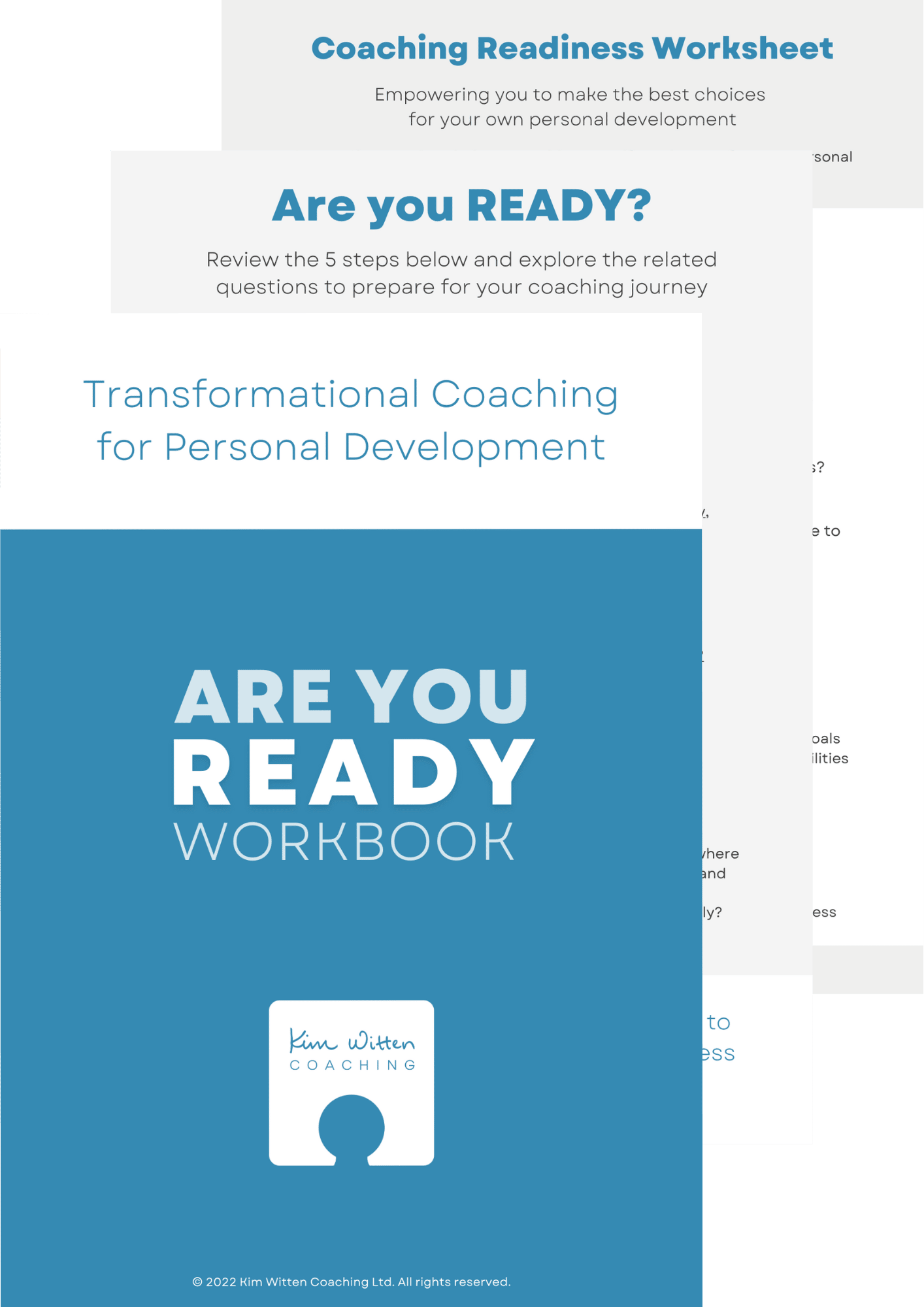 Preview of three pages from the Are you READY workbook, featuring a minimal cover, an Are you READY questions page, and a Coaching Readiness Worksheet page.