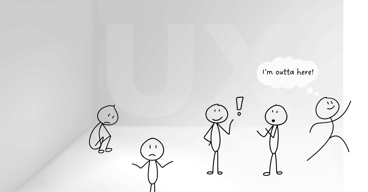 A grey corner with UX faded on the wall. In the foreground are several stick figures in various emotional states. One is gleefully jumping out of the frame.