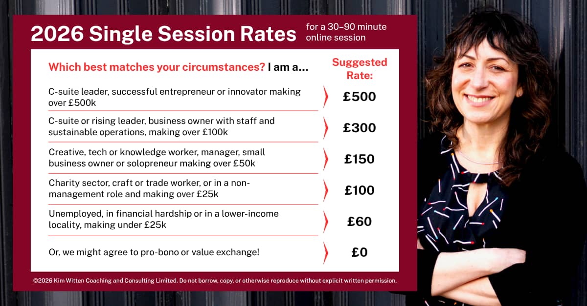 A table of Kim's 2026 Single Session rates with six tiers ranging from £0 to £500 for a flexible length session.