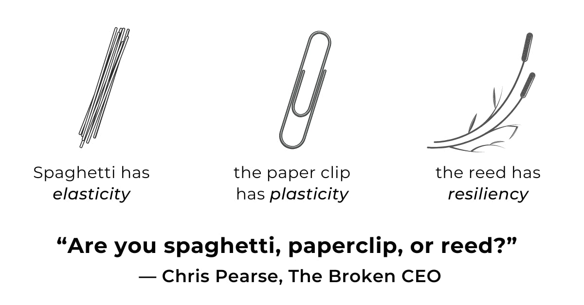 Spaghetti has elasticity, paperclip has plasticity, reed has resiliency — are you spaghetti, paperclip or reed? From The Broken CEO by Chris Pearse