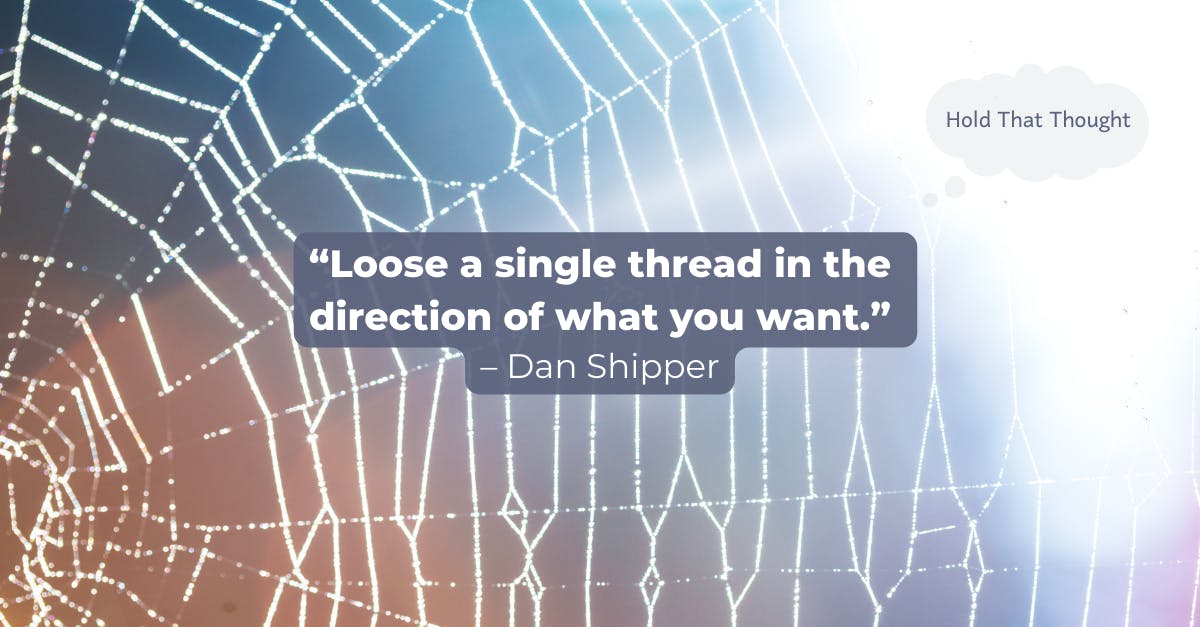 A cobweb against a gradient background. Quote by Dan Shipper in foreground.