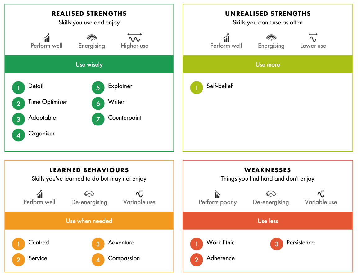 Screen shot of Kim's strengths profile featuring four quadrants.