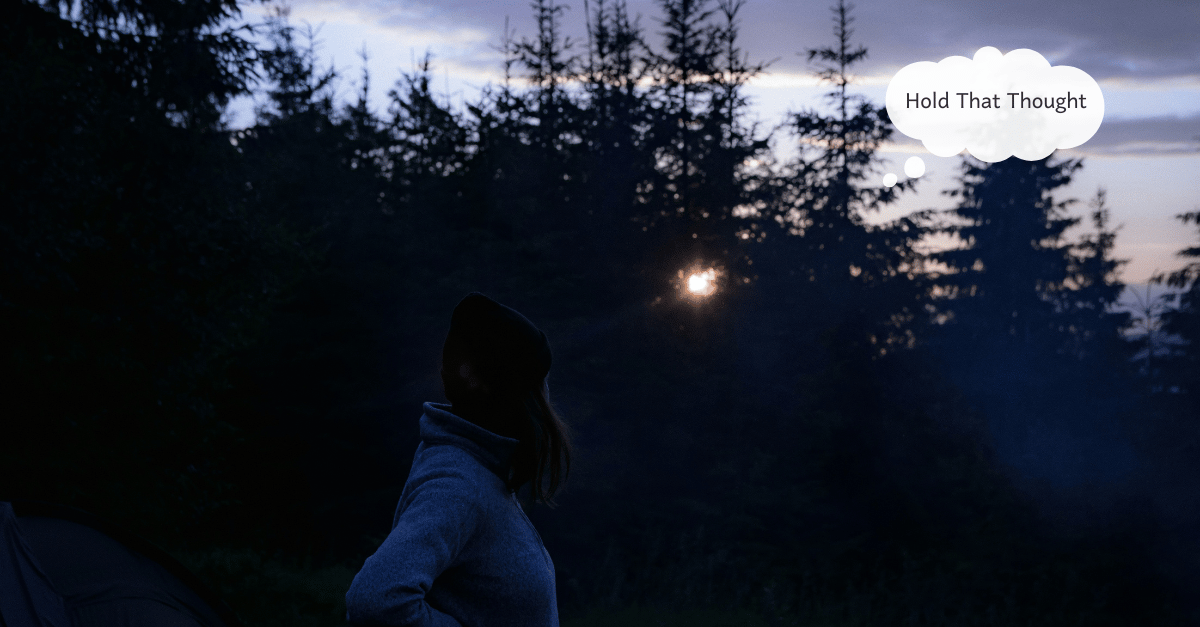 A barely visible man stands in the foreground, looking at a silhouette of trees. The rising sun is also barely visible, a bright spot in the forest.