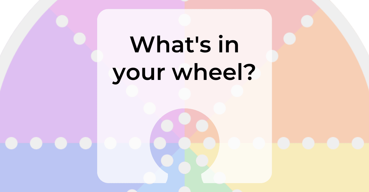 Close up of multi-colored pie wedges in pretty pastels. Text overlay reads “What's in your wheel?”