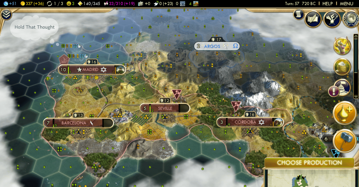 A screenshot of the early game in Civilization V, played as Spain