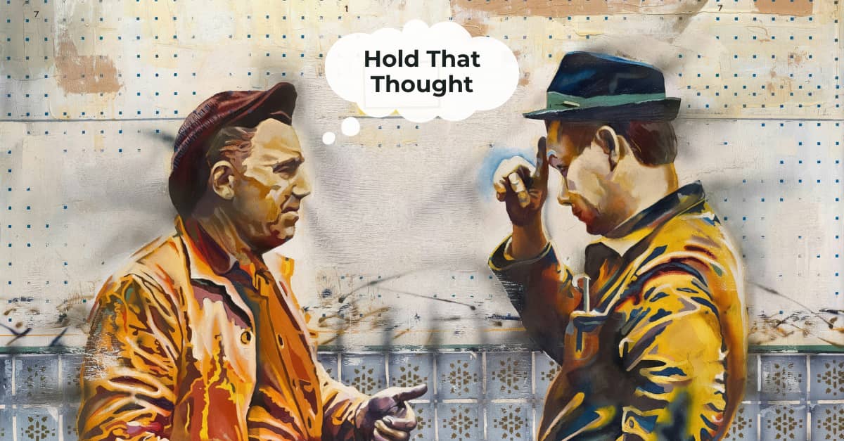 Illustration of two older men talking outside. One is pointing to his head.