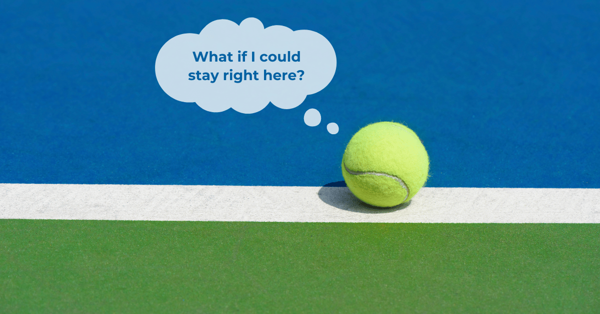 Close-up of a tennis ball resting on the goal-line of a court.