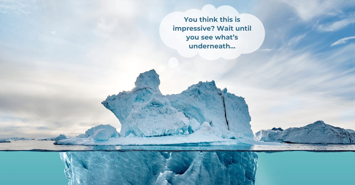 Iceberg with underwater view and thought bubble about what's underneath.