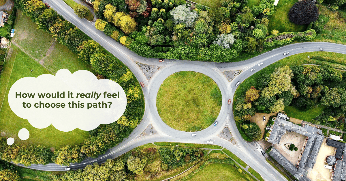 Overhead view of a roundabout with thought bubble "How would it really feel to choose this path?"