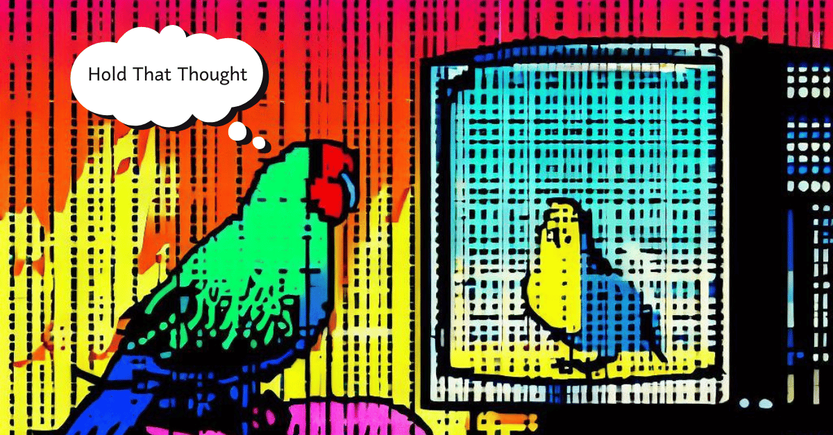 A digitized parrot stares at a monitor featuring a colourful bird