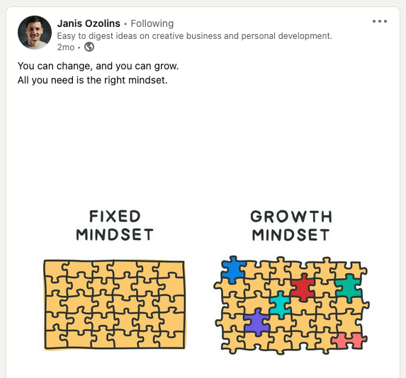 LinkedIn post featuring a Fixed Mindset jigsaw puzzle and a Growth Mindset puzzle, where the edges are center pieces too, allowing it to expand