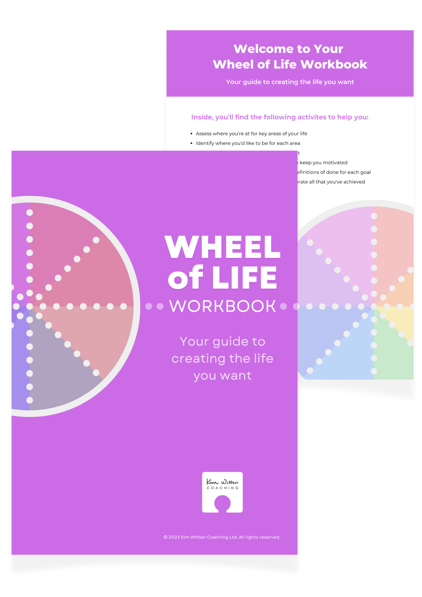 Preview of the Wheel Workbook featuring bright pink cover and intro page with list of activities