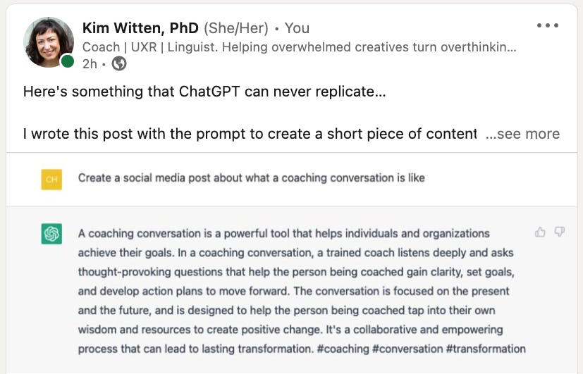 Screenshot of LinkedIn post by Kim Witten featuring intro and image of ChatGPT response