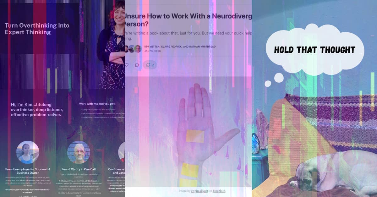Three screenshots from my website, Lens Not Label blog, and office. With glitchy overlay.