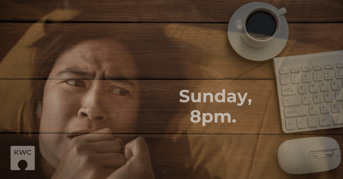 A person in bed with an anxious, fearful look on their face, with their eyes looking over to "Sunday, 8pm" and a coffee cup, keyboard, and mouse.