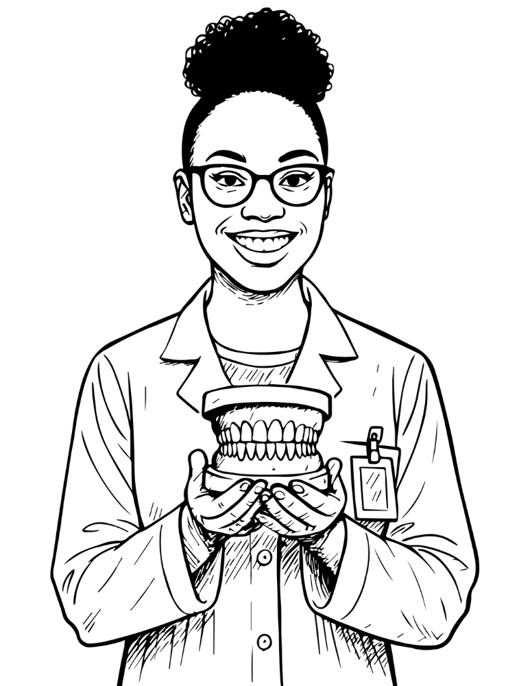 A coloring page of a dentist hold a model of teeth in her hands.