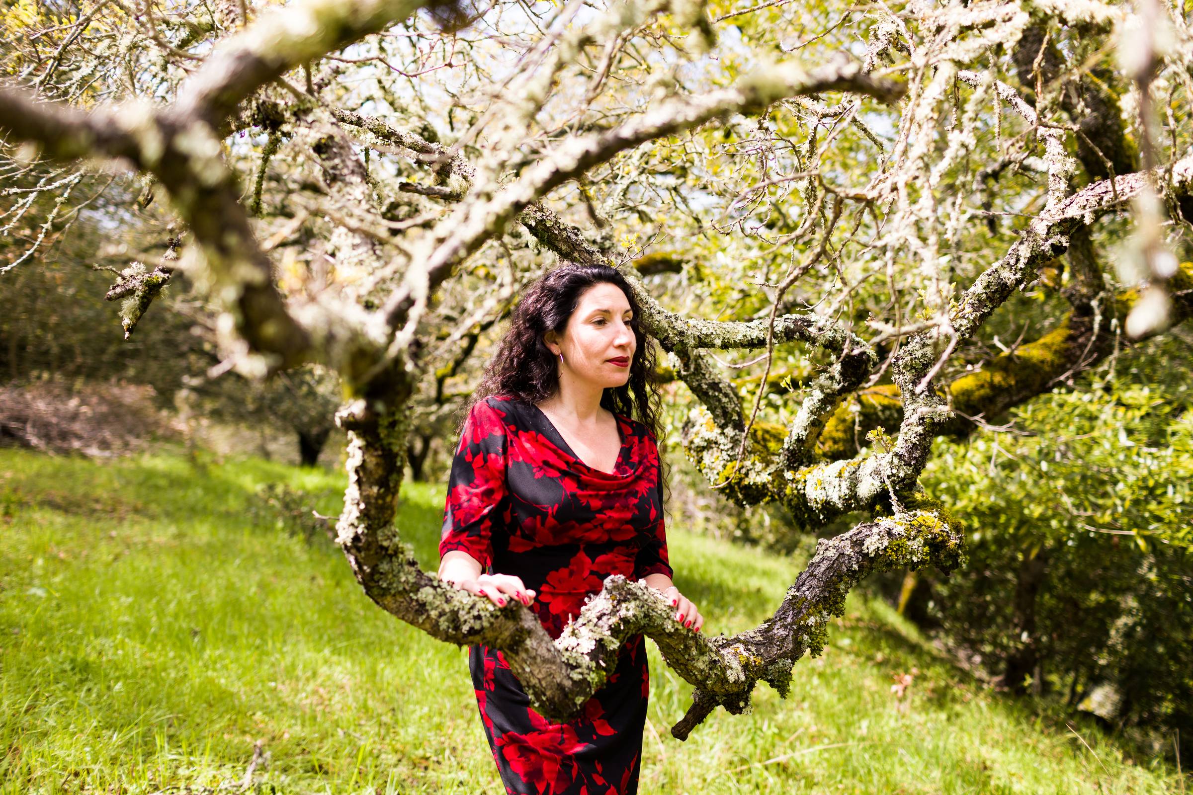 A woman with long curly dark hair stands in a lichen-covered orchard, wearing a black dress with a red floral pattern, resting her hands on a gnarled, moss-covered tree branch and looking off to the side.