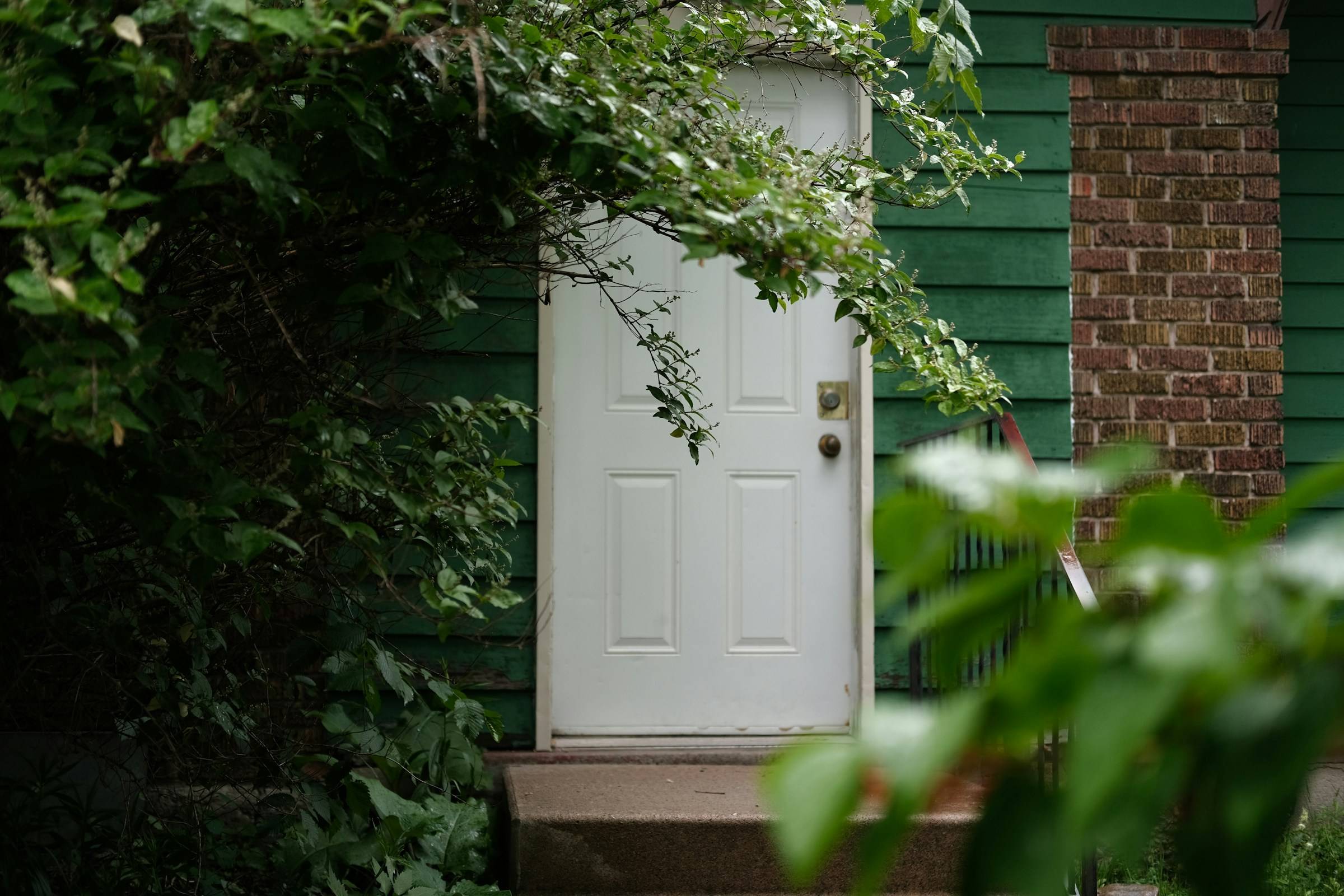 A white door nearly hidden by overgrown greenery, symbolizing the back door approach to feeling stuck