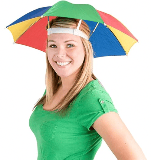 Woman wearing an umbrella hat in bright colors