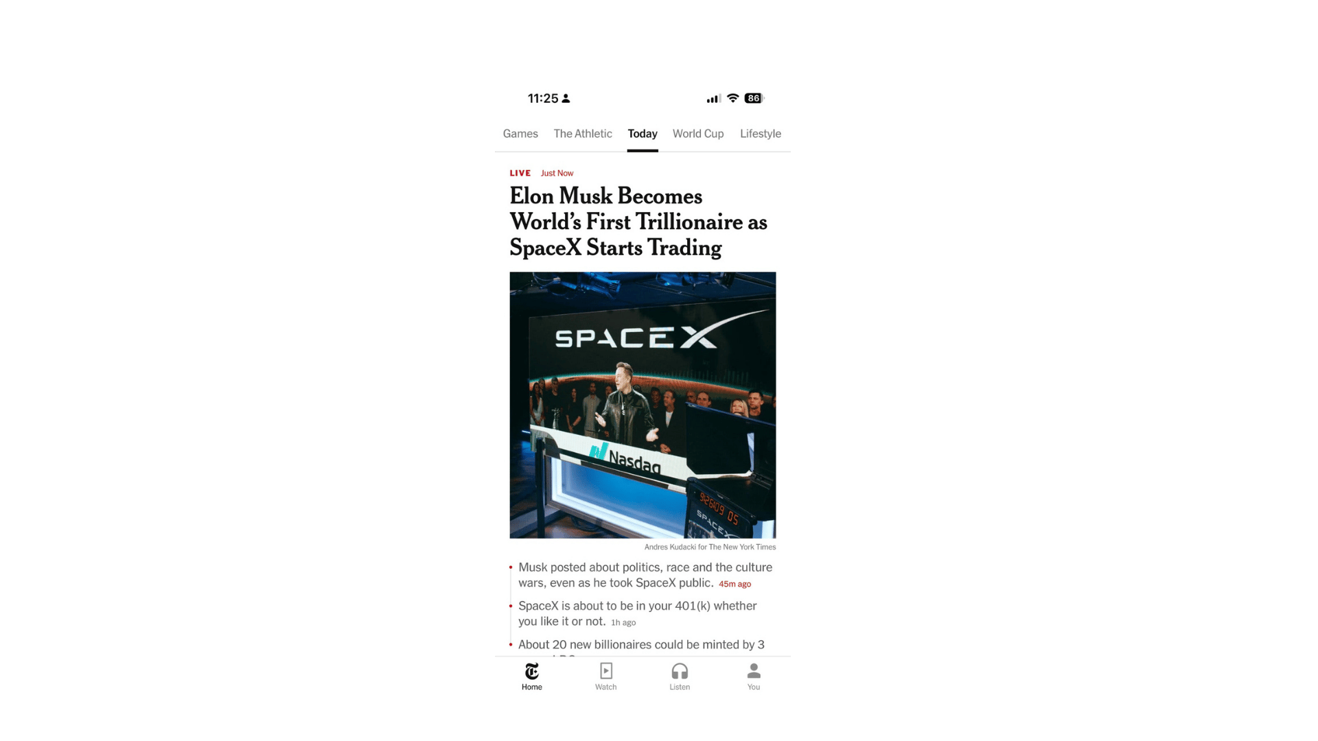 Screenshot of a New York Times app showing the breaking news headline: "Elon Musk Becomes World's First Trillionaire as SpaceX Starts Trading"