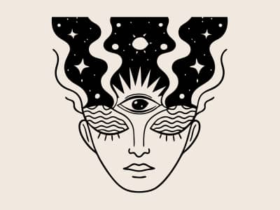 Black line illustration of a serene face with closed, wave-patterned eyes and a third eye with radiating rays on the forehead. Starry night sky flows upward from the head like wavy hair, on a cream background.