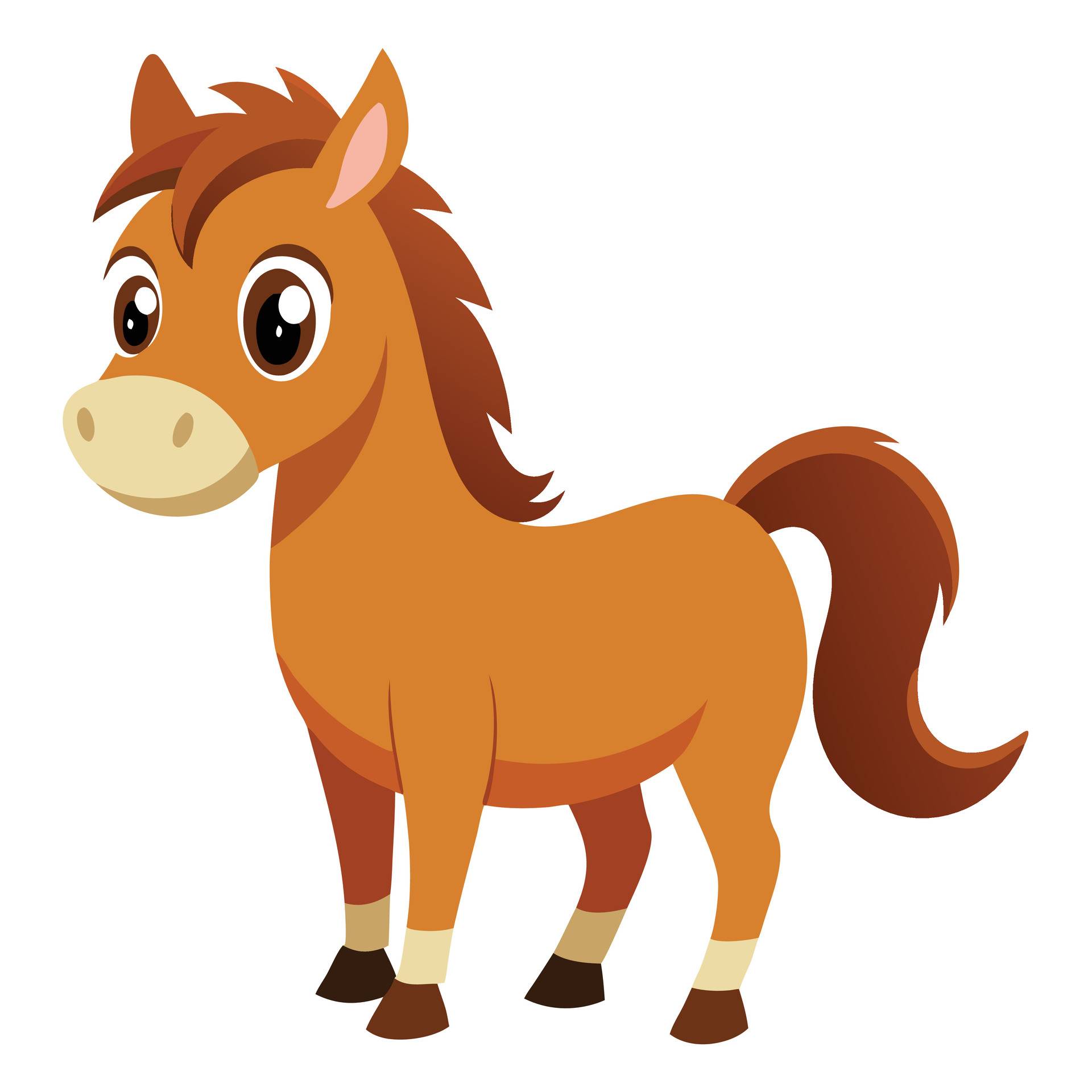 Cartoon illustration of a friendly brown pony standing on a white background
