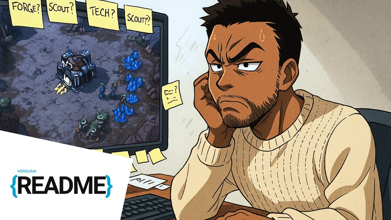 frustrated drekken sitting at a desk with post-it notes around his screen , starcraft 2 is on the screen