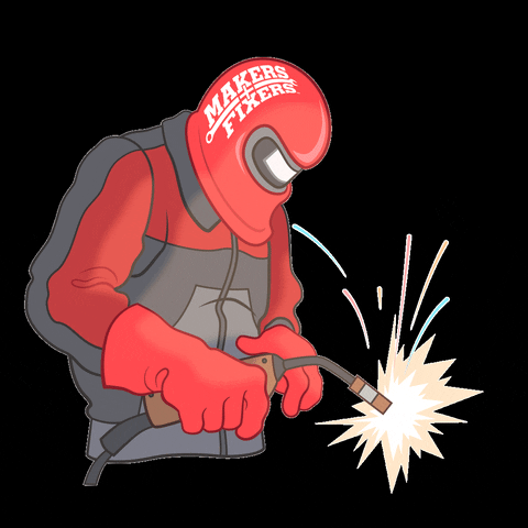 gif of animated cartoon welder, wearing red and gray gear, red helmet reads makers and fixers while sparks fly