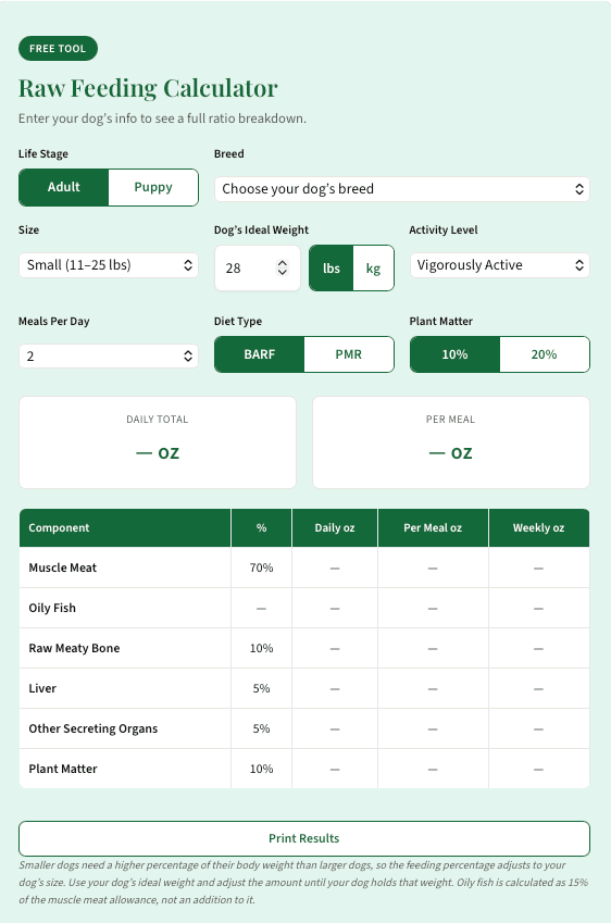 K9sOverCoffee raw dog food calculator with breed, size, weight, activity, and BARF or PMR diet options
