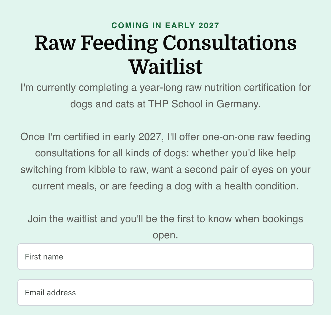 Screenshot of information about joining Barbara Rivers' Raw Feeding Consultations Waitlist (coming in early 2027)
