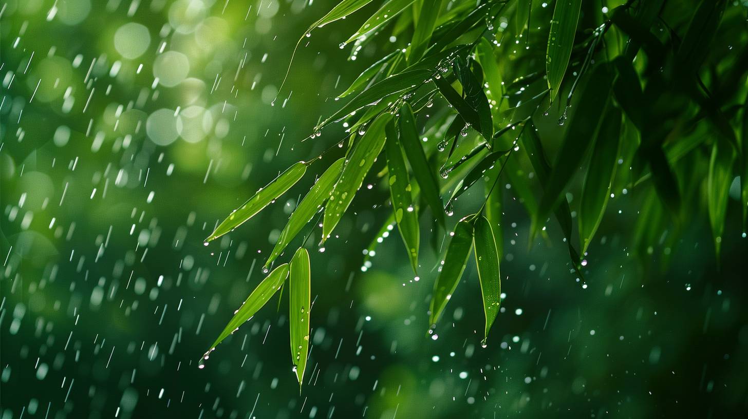 Raindrops strike bamboo leaves. Even in a photograph, we may still imagine the sound.
