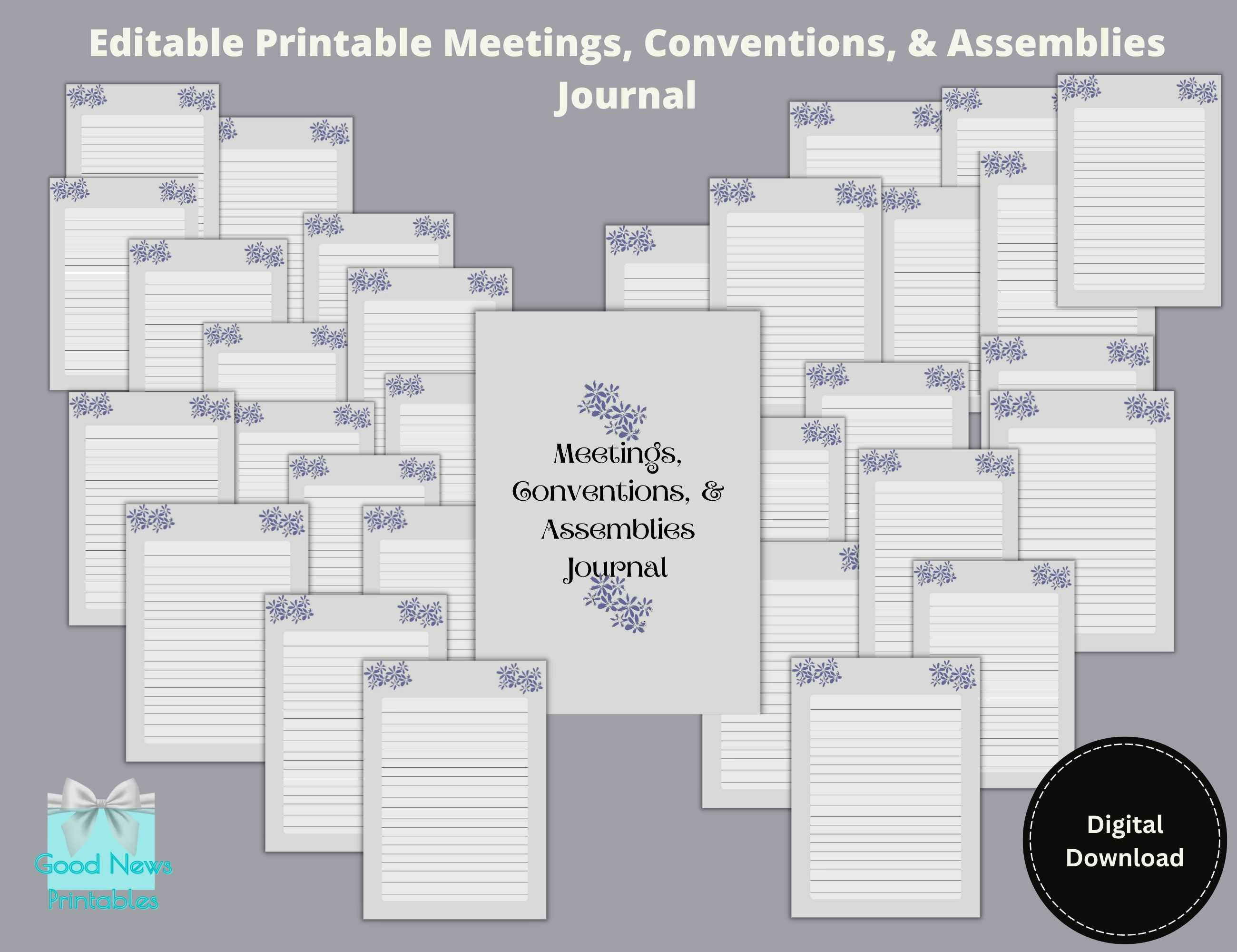 Editable Printable Meetings, Conventions, & Assemblies Journal, A4, US Letter Size