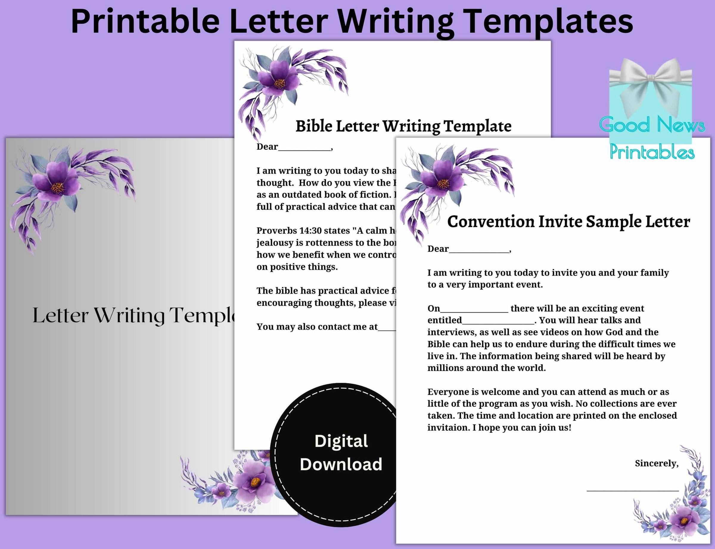 Printable Letter Writing Templates-US Letter & A4 size, Convention Invite Letters, Purple Color