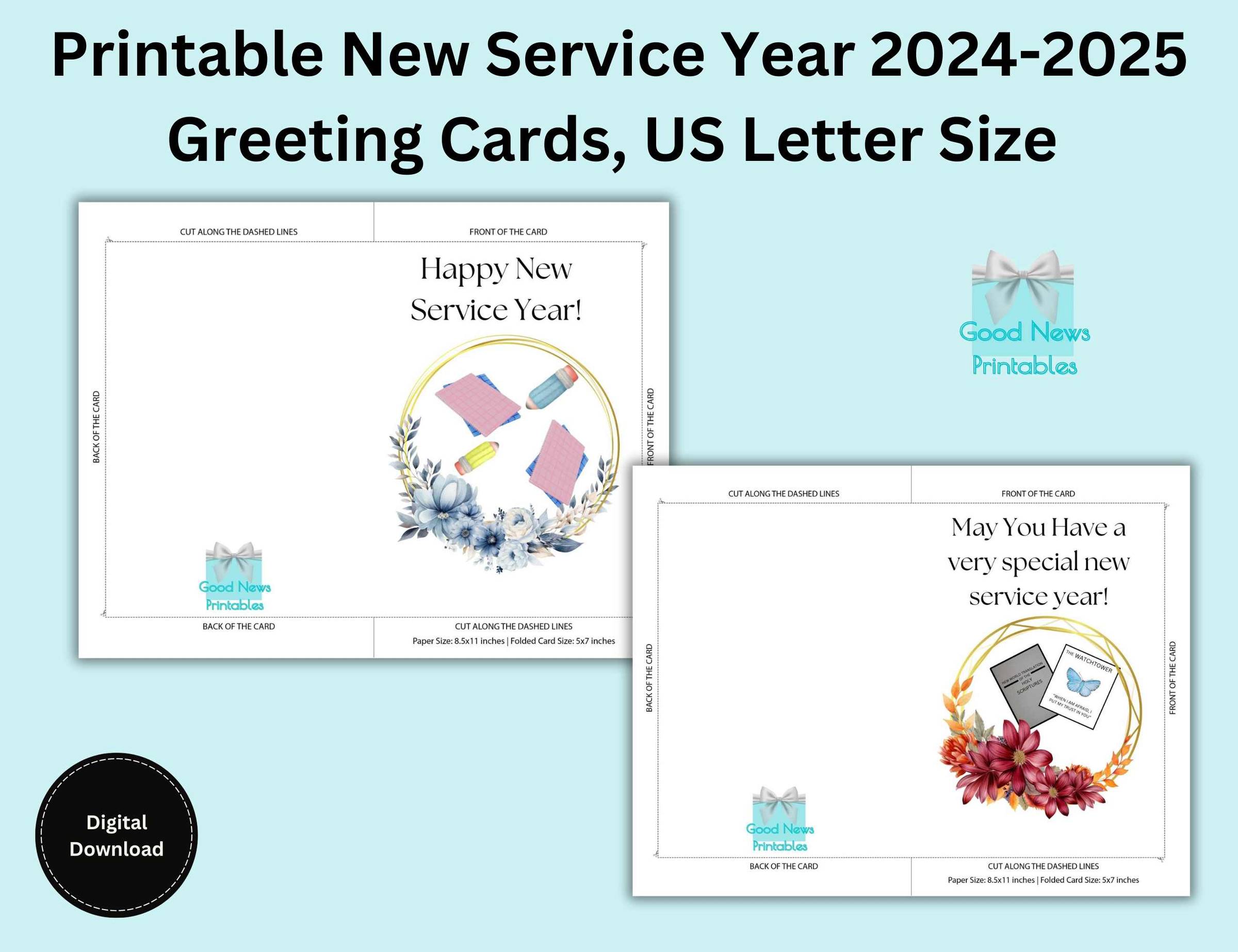 Printable New Service Year 2024-2025 Greeting Cards, US Letter Size, Two Cards