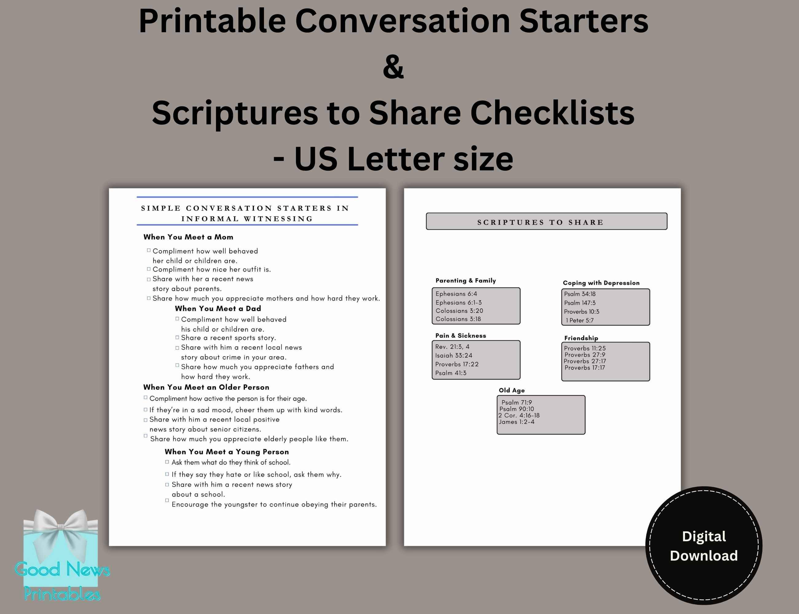 Printable Conversation Starter & Scriptures to Share Checklists, US Letter Size PDF