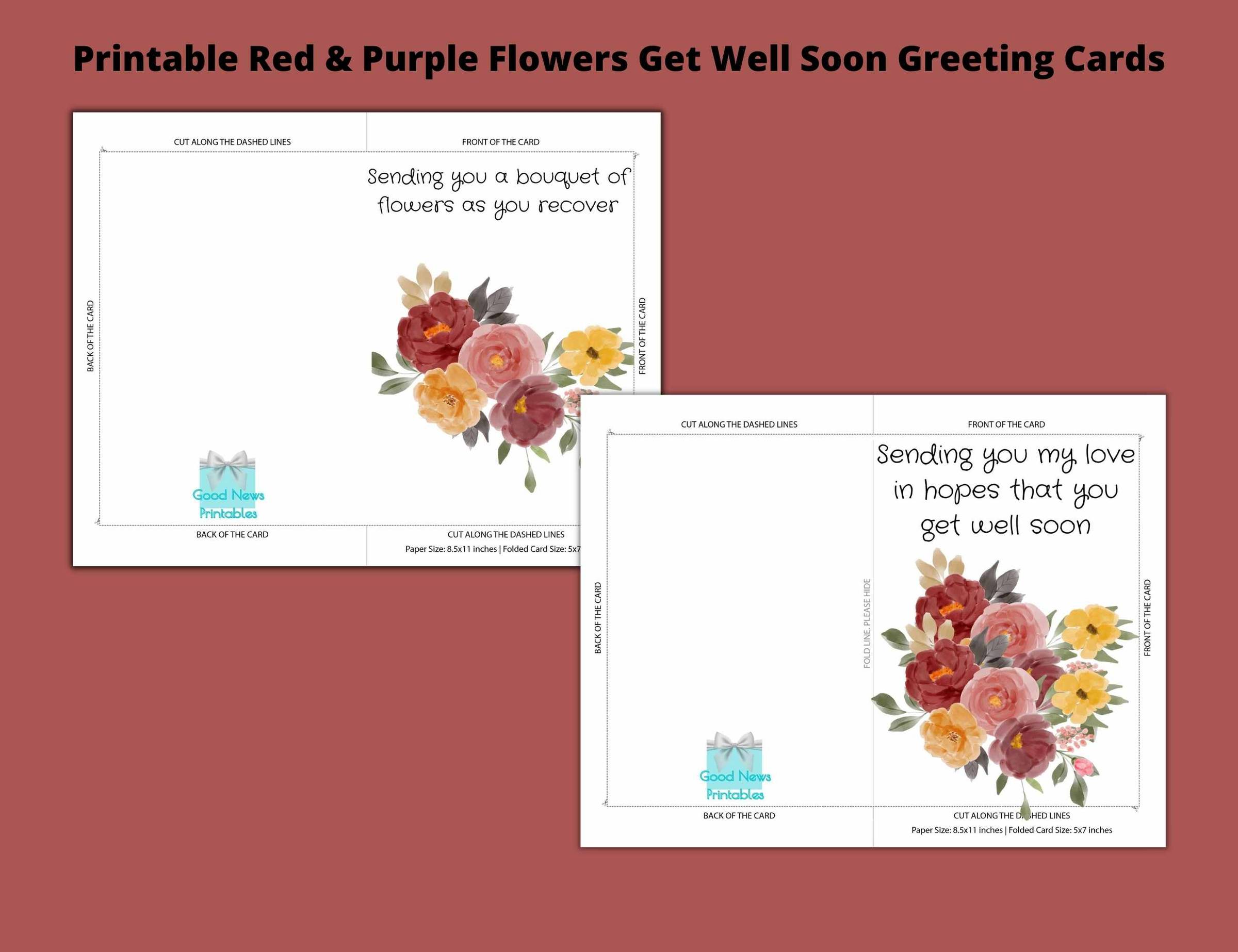 Printable Red & Purple Flowers Get Well Soon Greeting Cards