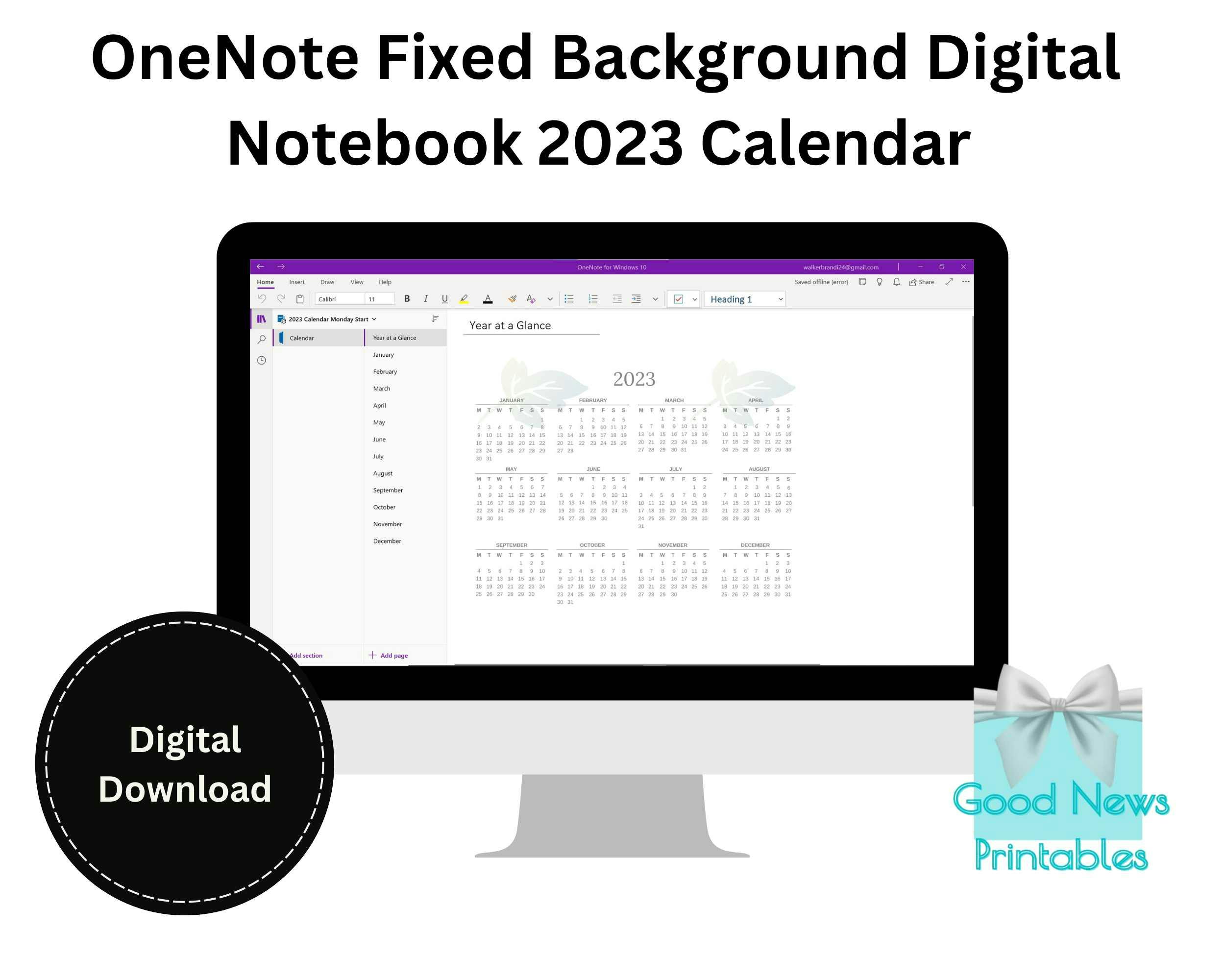 OneNote Fixed Background Digital Notebook 2023 Calendar