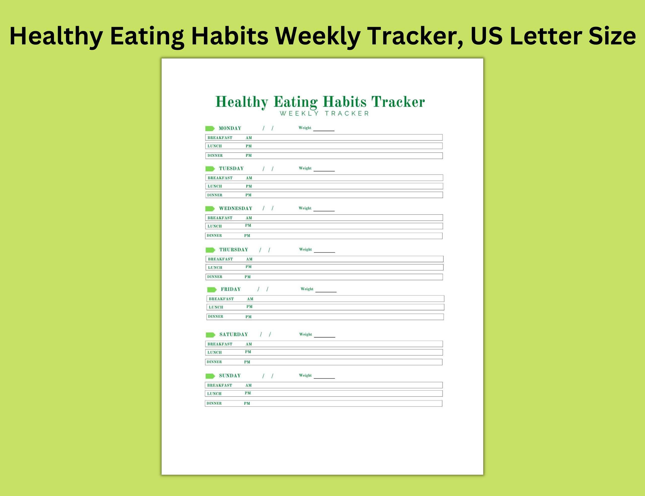 Healthy Eating Habits Weekly Tracker, US Letter Size, Editable Printable