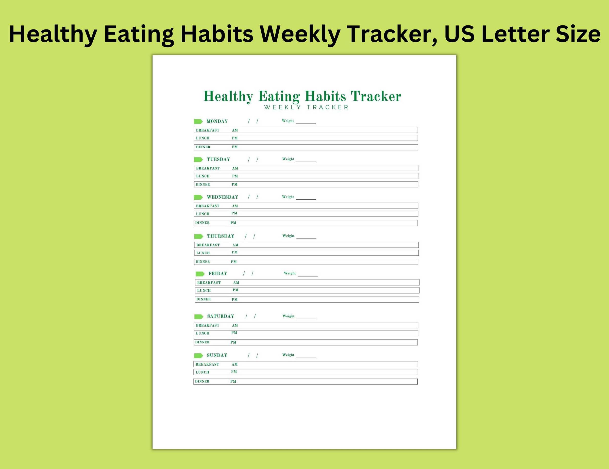 Healthy Eating Habits Weekly Tracker, US Letter Size, Editable Printable